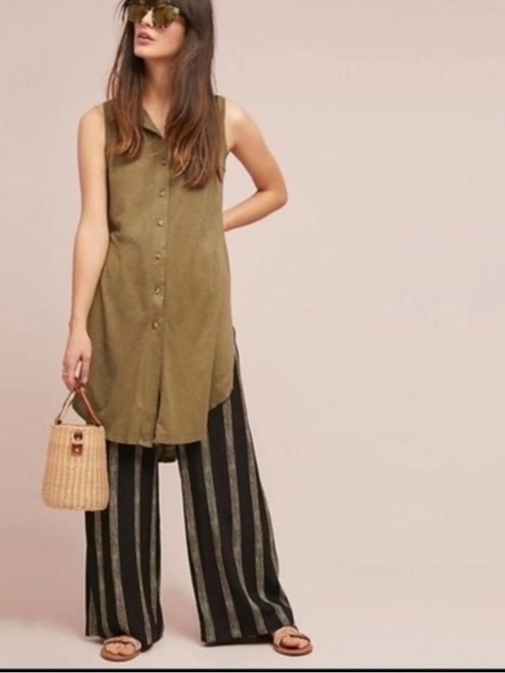 ANTHROPOLOGIE T.la Sleeveless Olive Button-Front Tunic Tie Dress